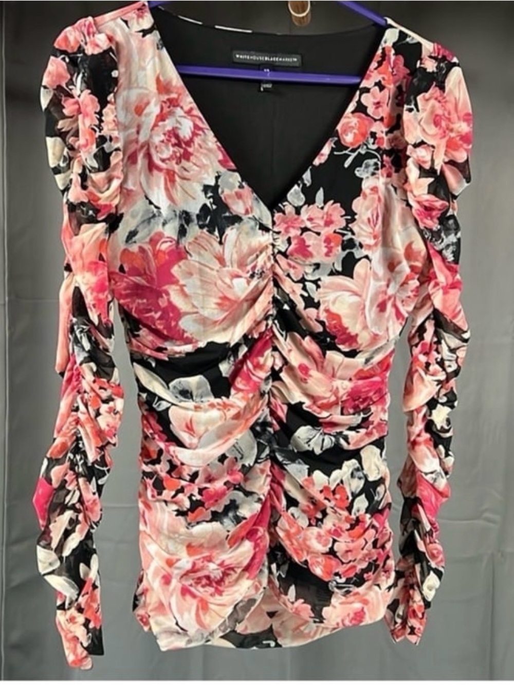 White House Black Market Black Floral Pink Ruched V-Neck Blouse